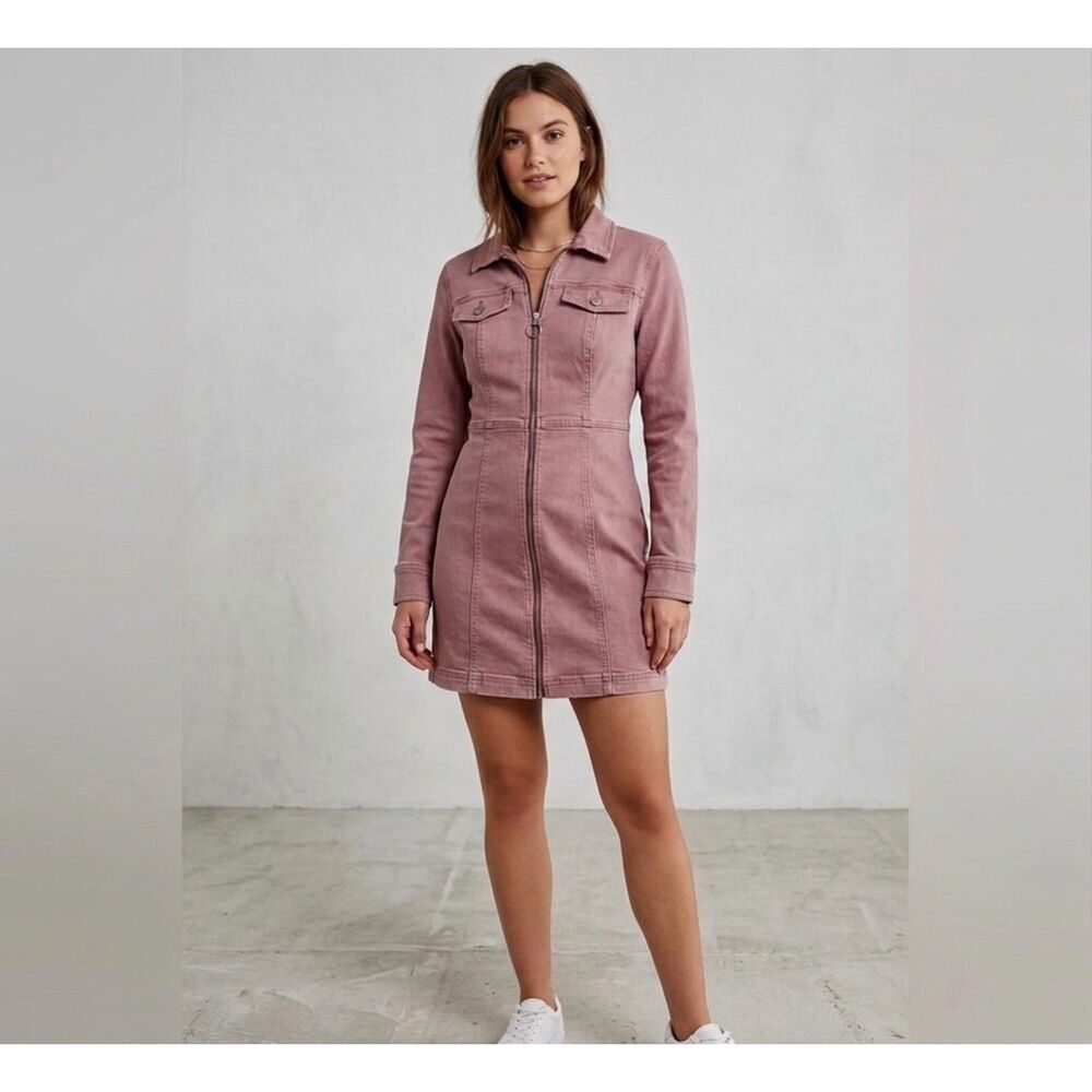 BDG Urban Outfitters Women's June Zip-Front Mini Denim Dress Size 6 Dust Pink
